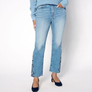 Driftwood Clara Ankle Flare Leg Jeans Moody Paisley Embroidered Blue Size 16 NWT